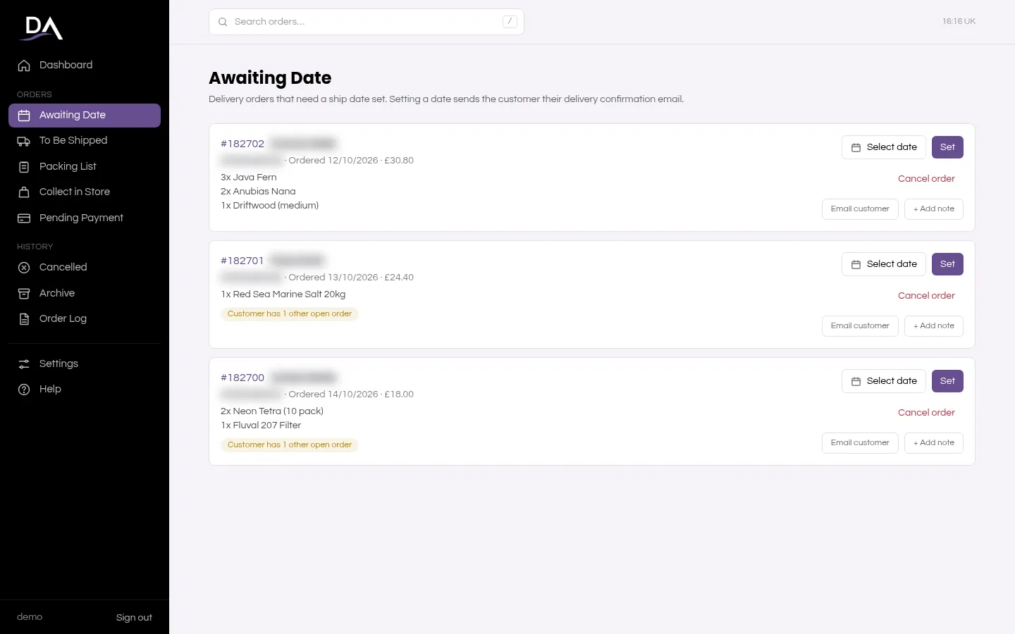 Orders waiting for a ship date, with Select date and Set buttons