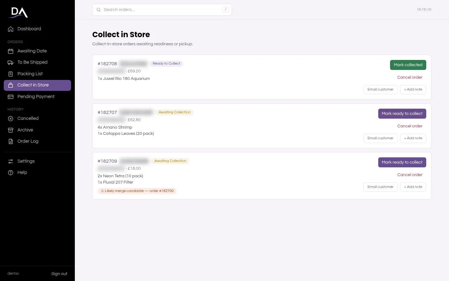 Collect-in-store orders with a likely merge flagged