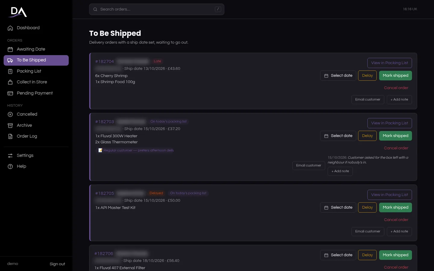 To Be Shipped queue in dark mode