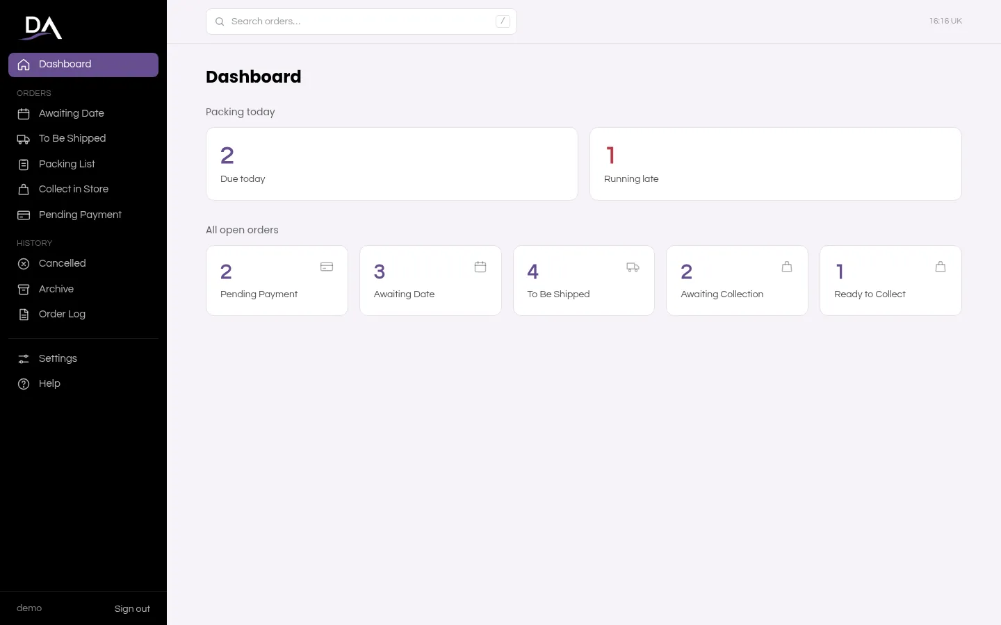 Dashboard with counts for each order queue