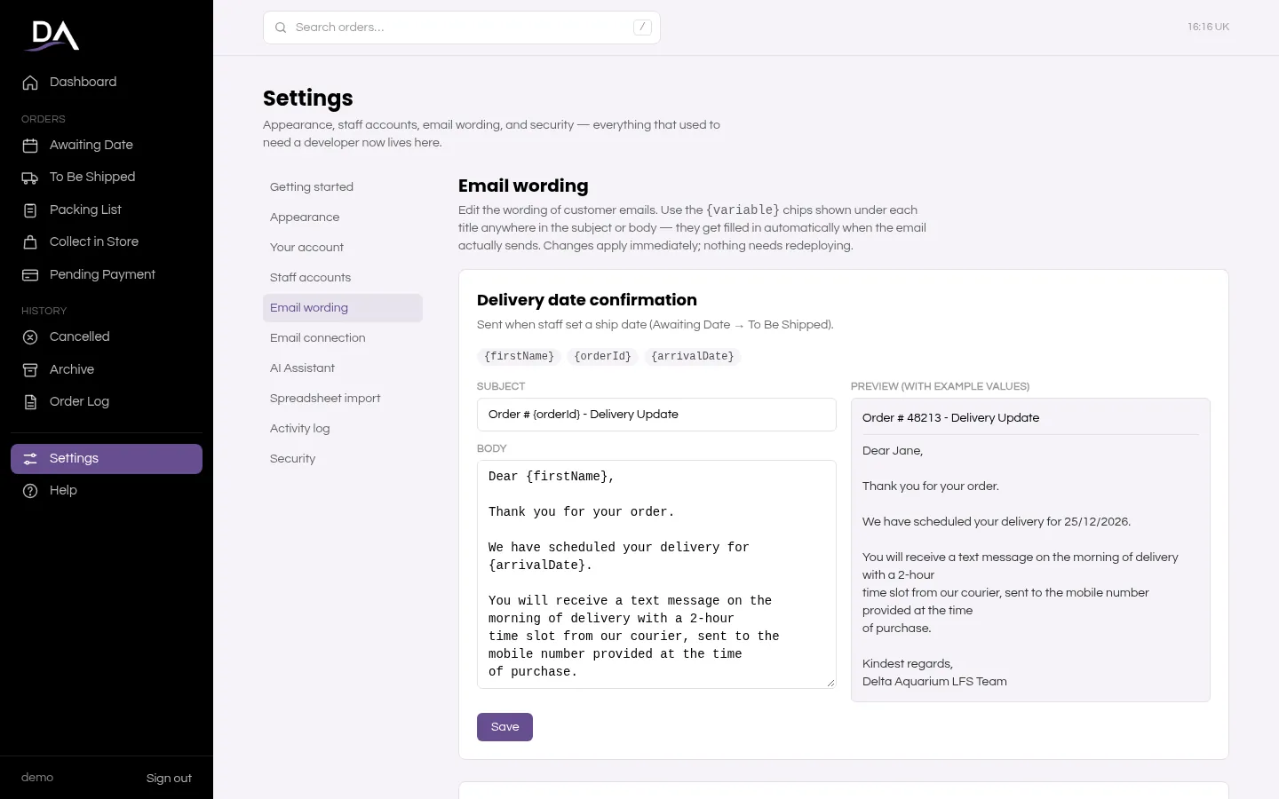 Editable customer email with variables and a live preview