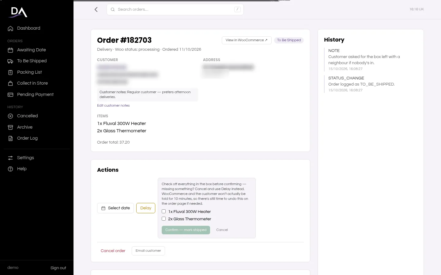Mark shipped checklist with each item to tick before confirming