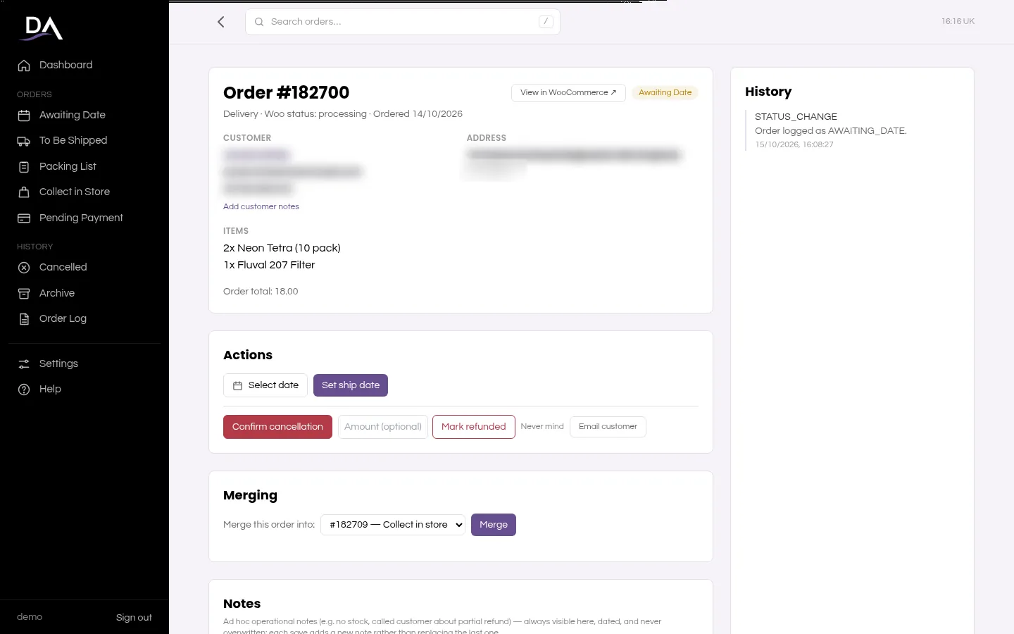 Order page with cancel, refund and merge actions
