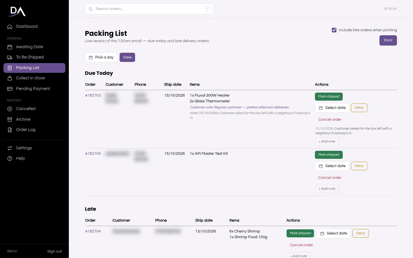 Packing list of due-today and late orders with a Print button