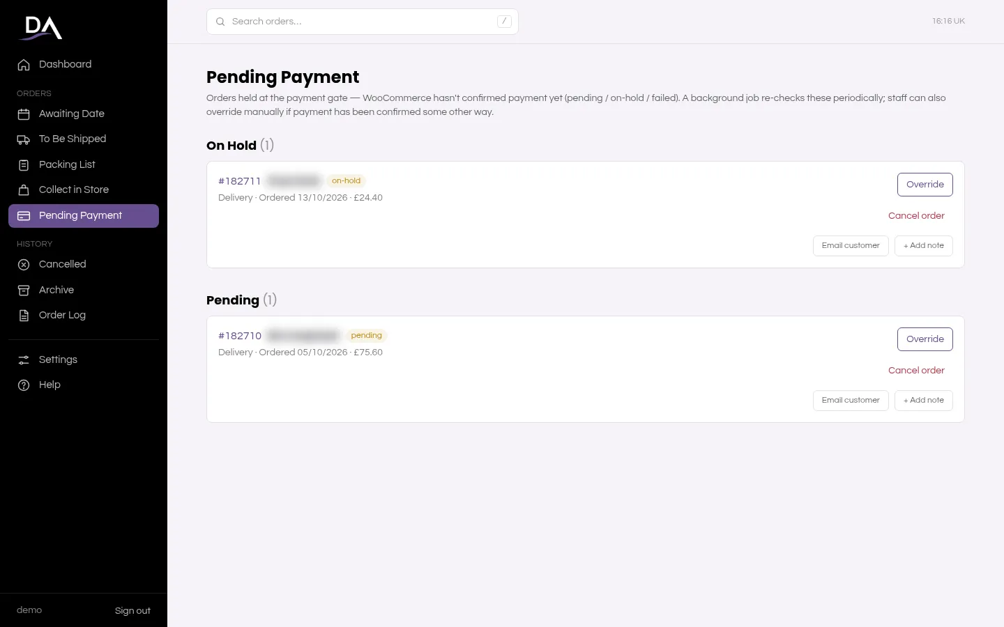 Orders held at the payment gate with an Override button