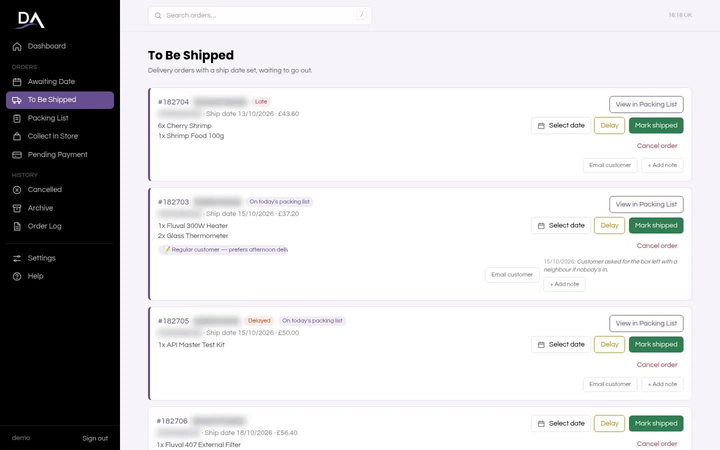 To Be Shipped queue with late and delayed orders, each with ship date, items and actions