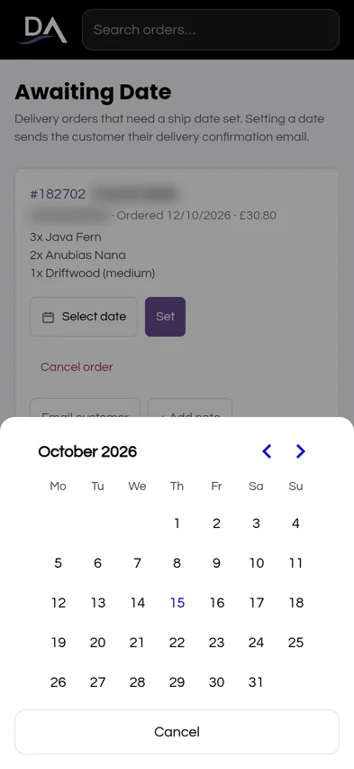 Ship date picker sliding up from the bottom