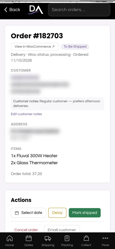Order page on a phone with ship actions