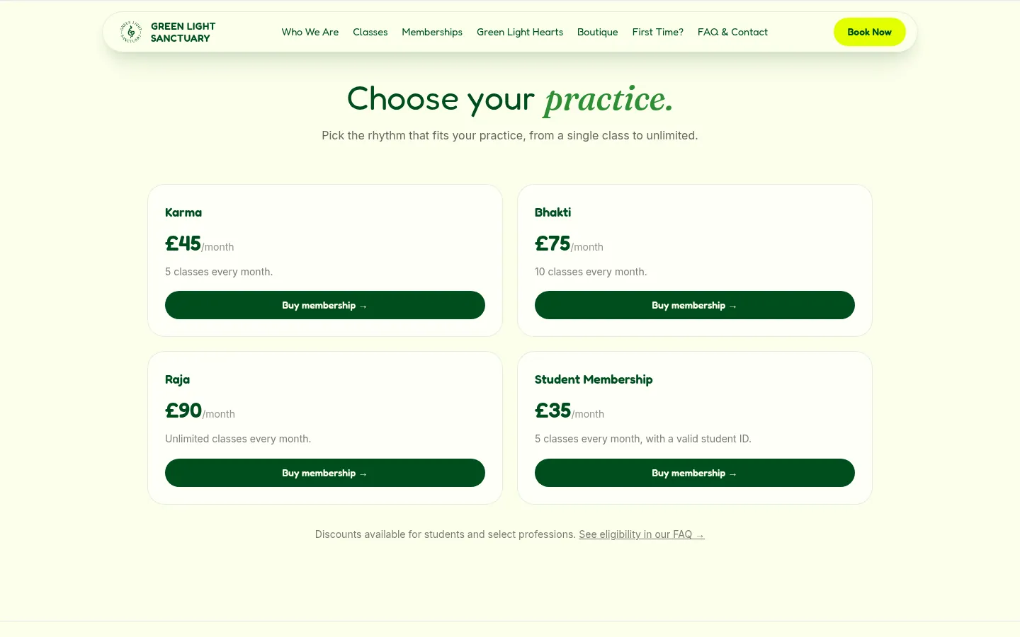 Four monthly membership options with Buy membership buttons